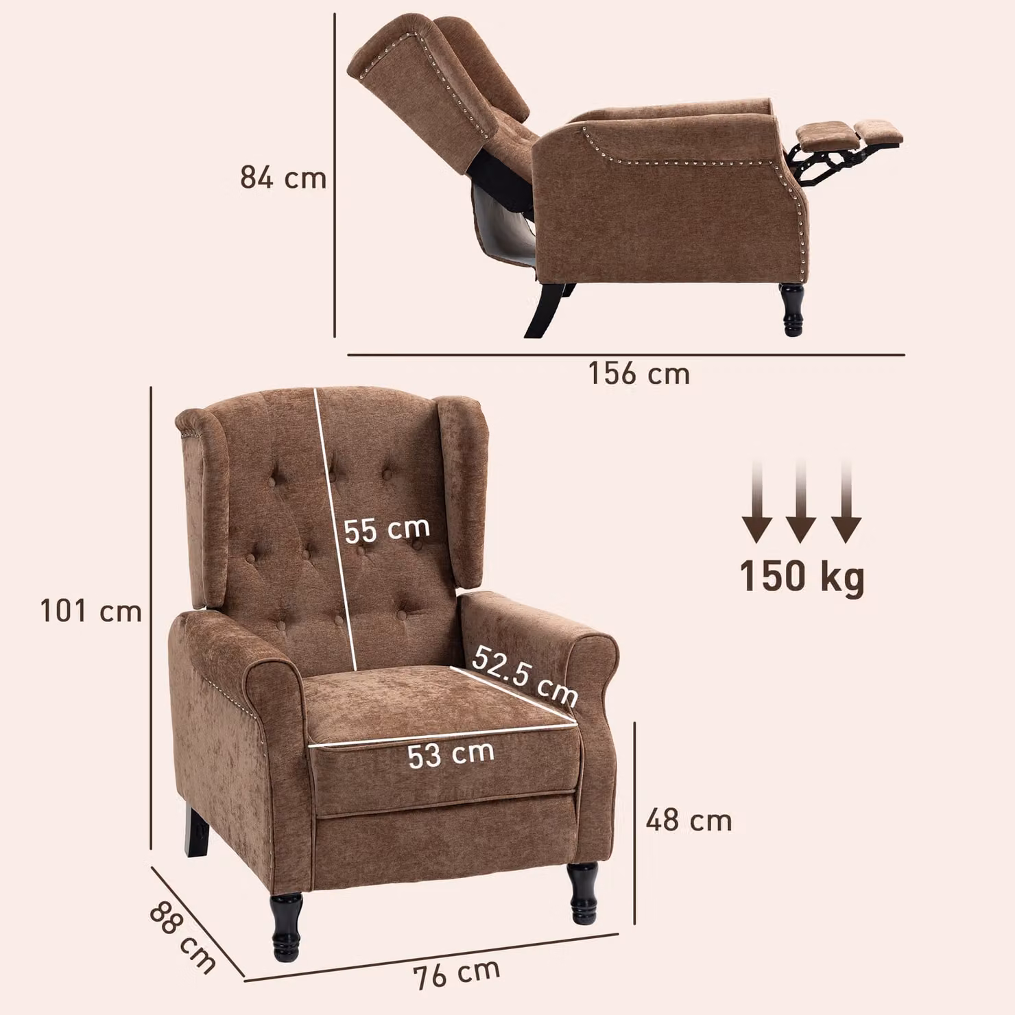 HOMCOM Vintage Reclining Armchair with Integrated Footrest in Brown – 3