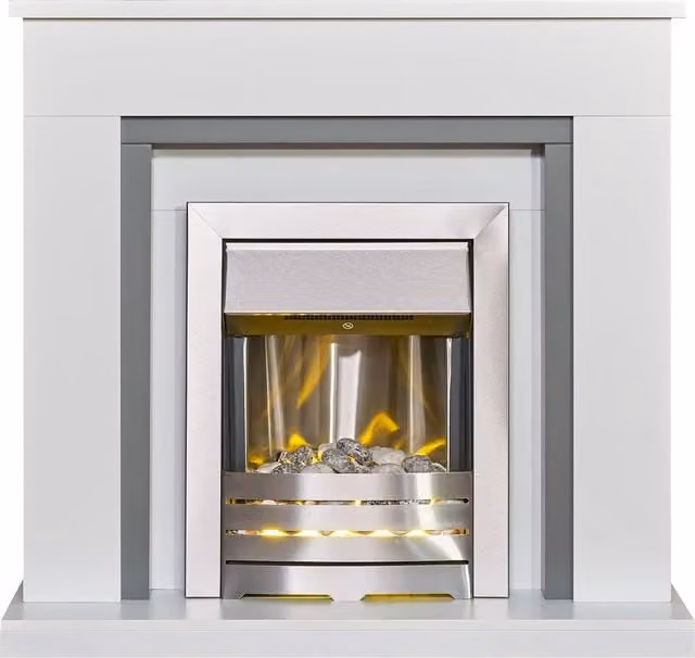 Adam Fires & Fireplaces Milan Fireplace in Pure White and Grey with Helios Electric Fire in Brushed Steel, 39 Inch – 1
