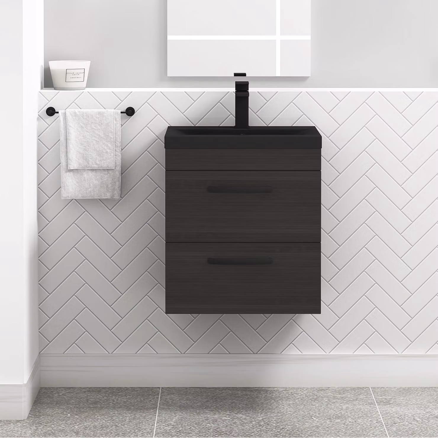 Royal Bathrooms Turin Wall Hung 2 Drawer Vanity Unit with Black Basin and Handles, Black