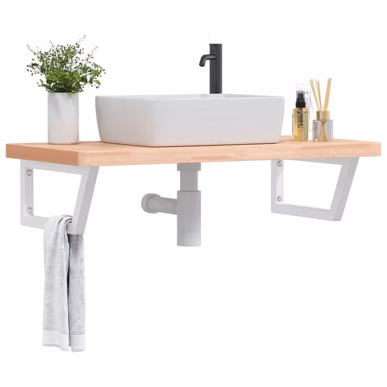 Berkfield Home Elegant Wall Mounted Basin Shelf in Brown Steel and Solid Beech Wood