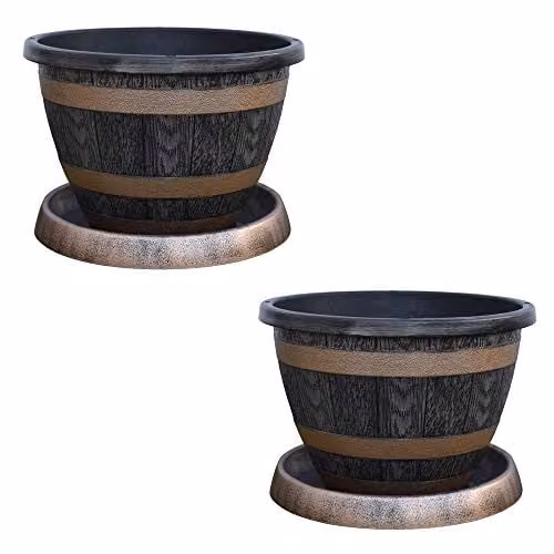 Thompson & Morgan Wooden Barrel Effect Garden Patio Planter with Saucer, Brown, Diameter: 39 cm