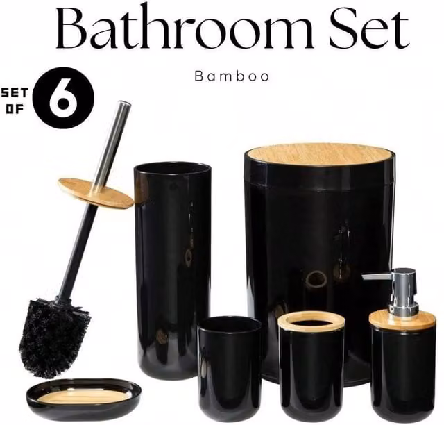 KORVIXA 6 Piece Black Bamboo Bathroom Sink Set