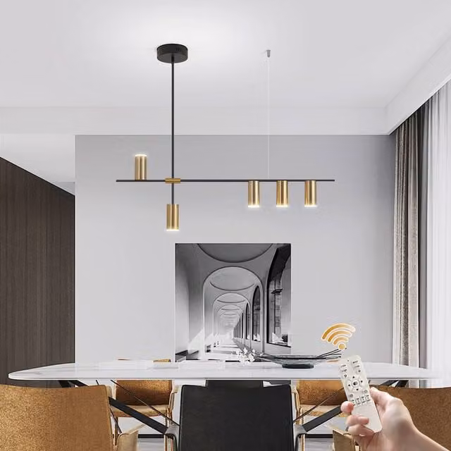NIVOR 30W Dimmable LED Pendant Light with Remote Control, Black and Gold 5-Spotlight Suspended Hanging Lamp