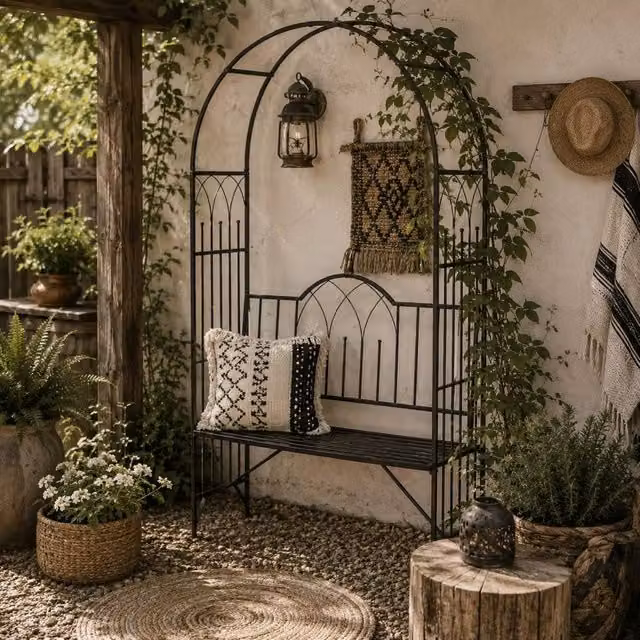 Wyld Haus Katoba Black Matt Metal 2 Seater Garden Arch Bench with Trellis