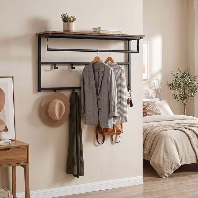 Levede Wall Mounted Wooden Shelf and Metal Coat Rack with Hooks, Brown and Black, W: 80 cm – 1