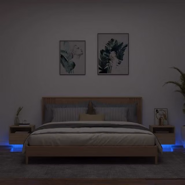 Berkfield Home Set of 2 Bedside Cabinets with Integrated LED Lights in Sonoma Oak Brown, W/D/H: 40 x 39 x 37 cm