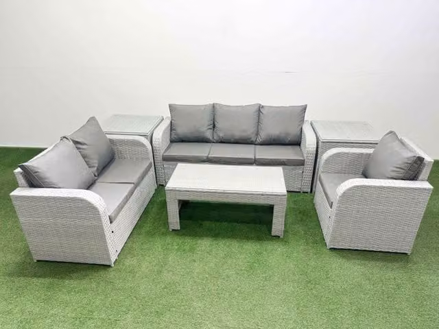 Fimous Patio 6 Seater Grey PE Wicker Rattan Outdoor Furniture Set with 3 Seater Sofa, Lounge Armchairs, Oblong Coffee Table and Side Tables
