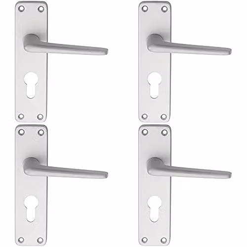 Loops 4 Pack of Straight Tapered Lever on Euro Lock Backplate Door Handles in Brushed Silver Aluminium, W: 152 mm, H: 41 mm