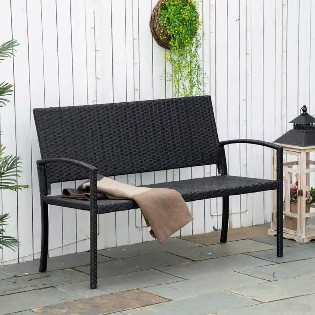 OUTSUNNY Black Polyrattan 2 Seater Garden Bench with Armrests – 1