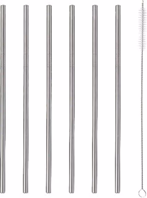 Glim & Glam Reusable Stainless Steel Straws and Brush Set, 6 Pieces, Silver