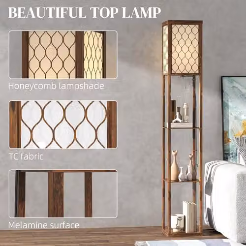 HOMCOM Rustic Brown Floor Lamp with 3 Wood Shelves and Fabric Lampshade – 3