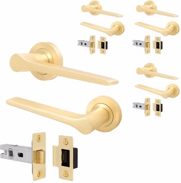AFIT Brass Door Handle and Rosette Latch Set in Gold, 4 Pack