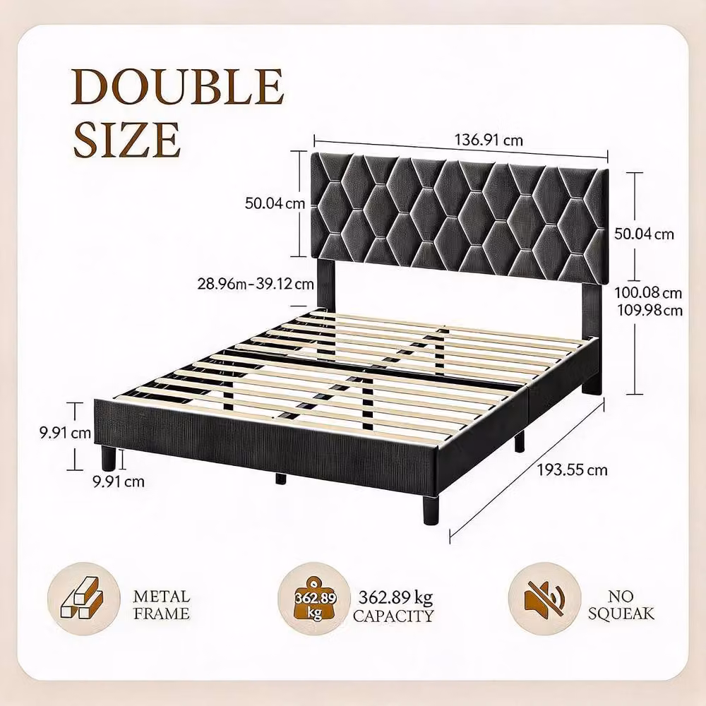 London Boutique Modern Double Size Upholstered Platform Bed Frame with Headboard in Grey, W/D/H: 140 x 200 cm – 2