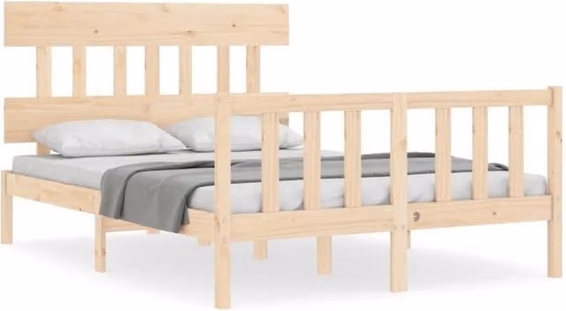 Berkfield Home Solid Wood Pine Bed Frame with Headboard in Natural, W/D/H: 120 x 200 cm