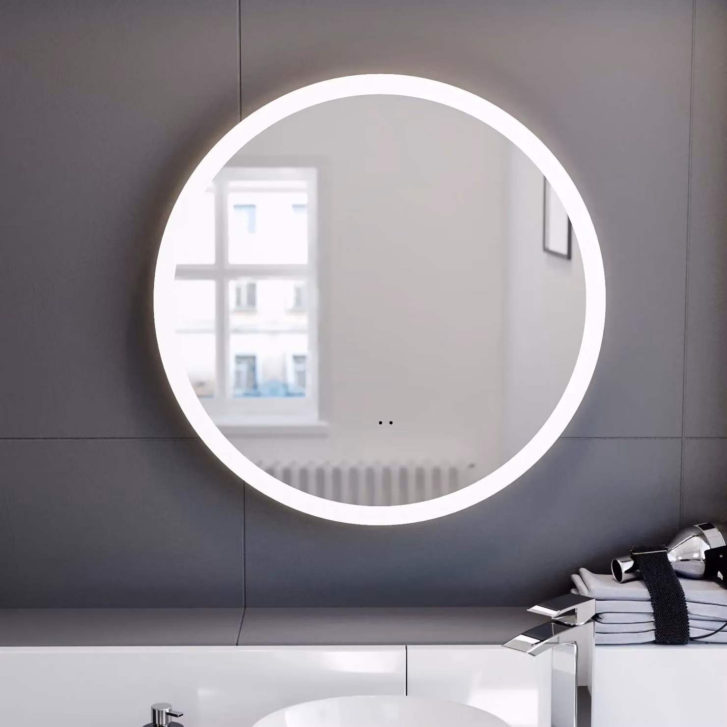 Nes Home Round LED Bathroom Mirror with Motion Sensor, Demister and Anti-fog Function, Silver, Diameter: 600 mm – 2