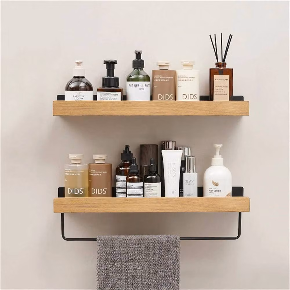 VOGREX 2-Pack Wall Mounted Bathroom and Kitchen Organiser Racks in Black Matt Wood and Metal – 3