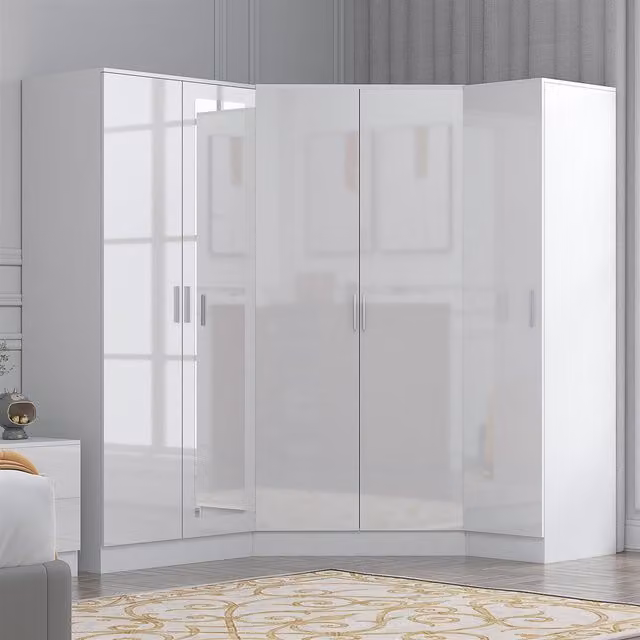 REFLECT Wardrobe Bundle featuring 2 Door Corner, 2 Door Mirrored and 1 Door Plain Units in White Gloss and Matt White