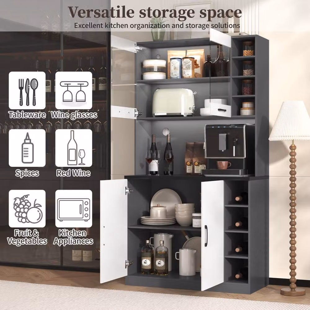 Merax Tall Kitchen Storage Cabinet Pantry with LED Open Shelves in White – 4