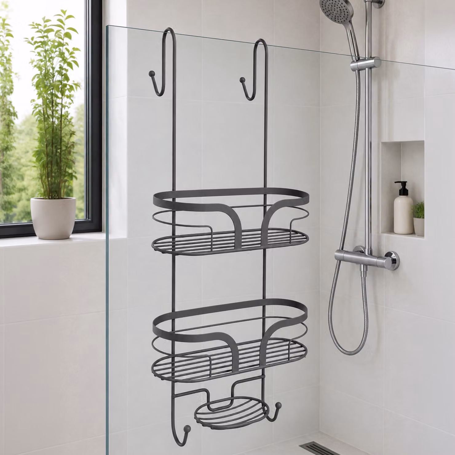 Showerdrape Dante 2 Tier Metal Shower Caddy in Grey with Included Hooks – 2
