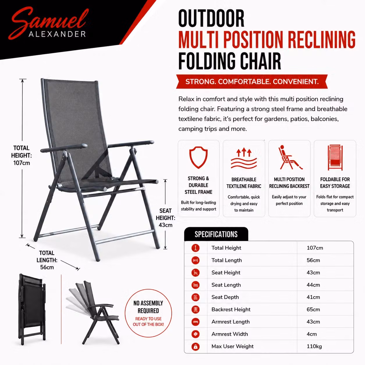 Samuel Alexander Multi Position Reclining Folding Outdoor Garden Patio Chair in Grey, Black and Silver – 6