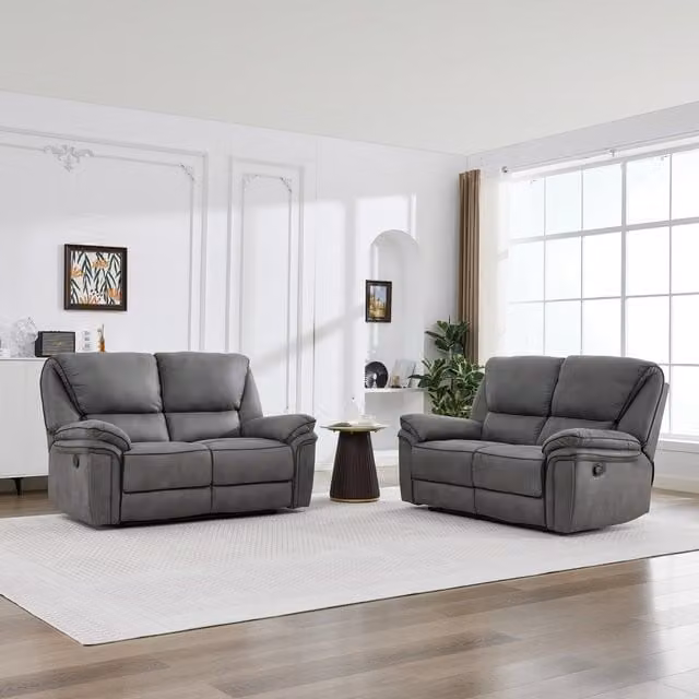 Furniture One Manual Reclining Leathaire Sofa Suite in Light Grey, Width: 162 cm, 4 Seater