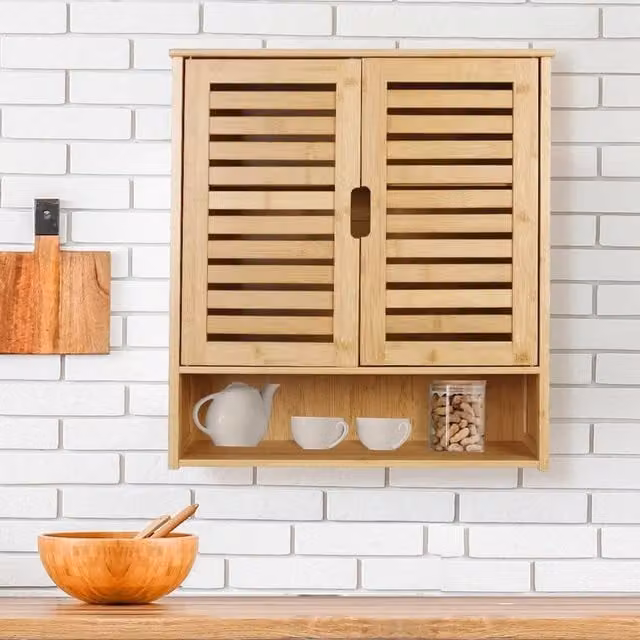 KORVIXA Bamboo Bathroom Wall Cabinet with 2 Hinged Doors and 3 Shelves in Natural, W: 70 cm, H: 75 cm