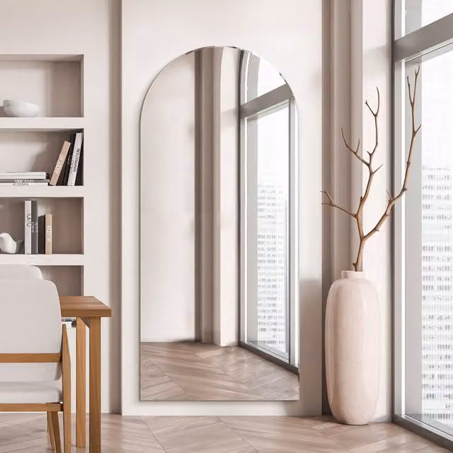 MirrorOutlet Modern Frameless Arched Leaner Wall Mirror in Silver