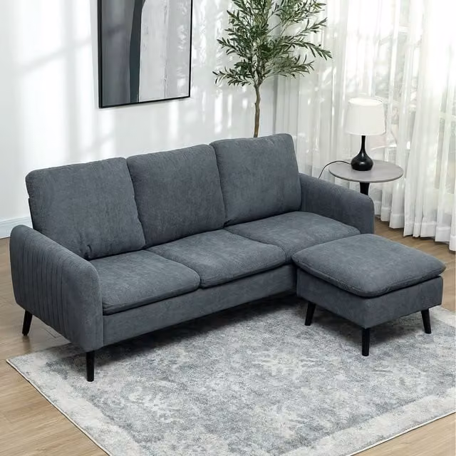HOMCOM Reversible 3 Seater L-Shape Corner Sofa with Chaise Lounge in Grey Corduroy Fabric