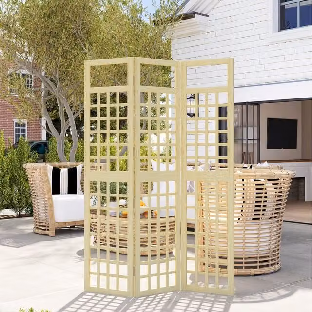 Outsunny 3-Panel Wooden Freestanding Garden Privacy Screen in Brown and Beige