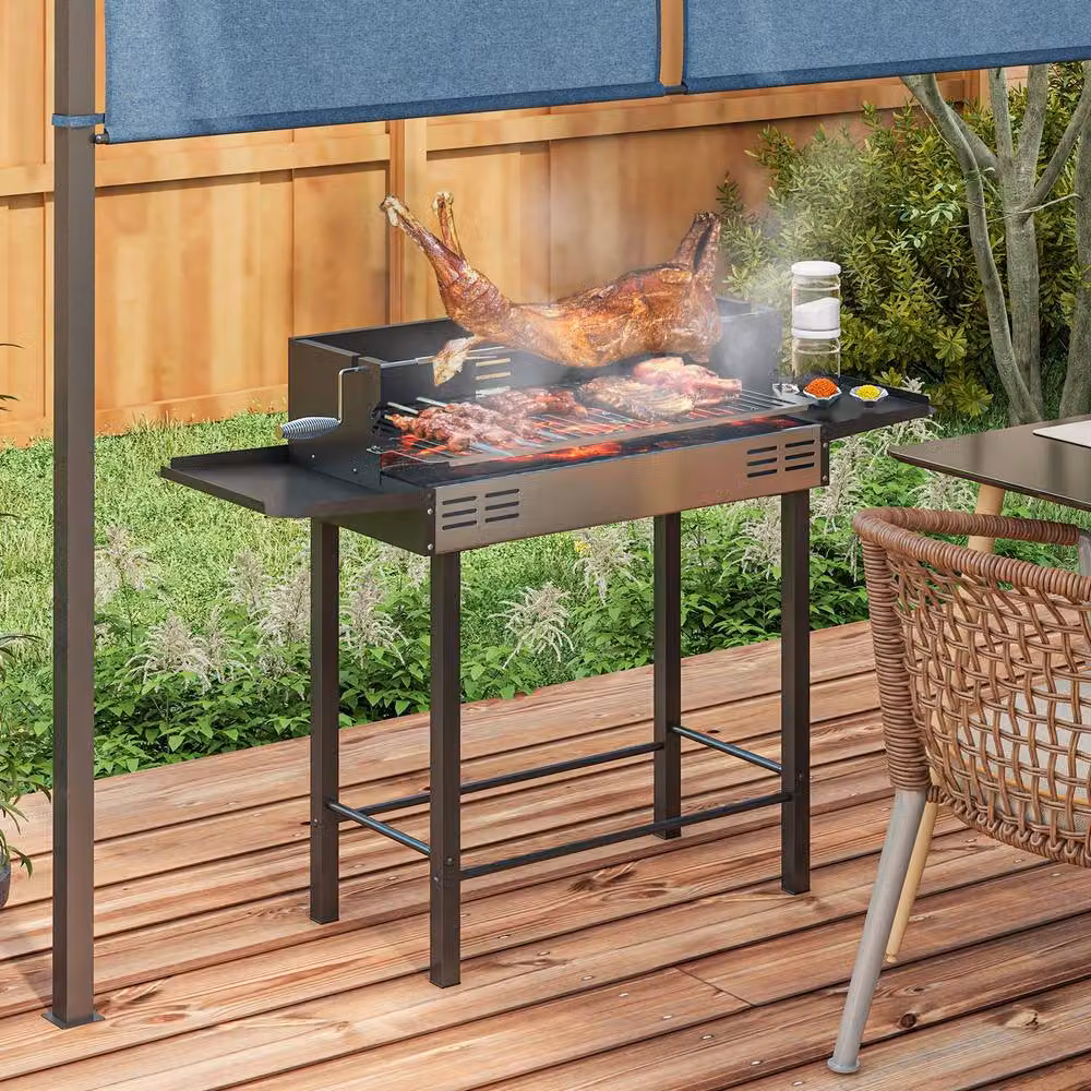 Rolipo Black Charcoal BBQ Rotisserie Grill Roaster with Side Shelves and Cart – 3