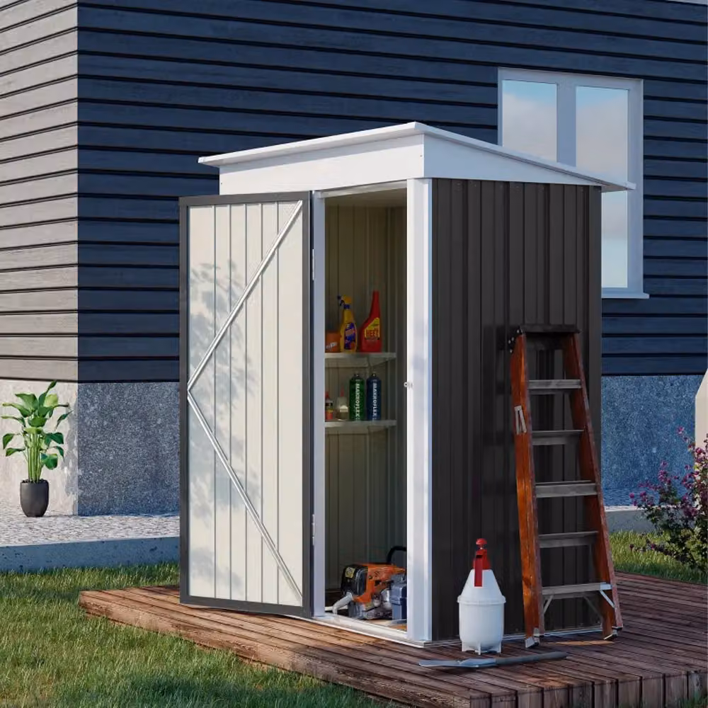 Living and Home Black Metal Pent Roof Garden Storage Shed with Lockable Single Door and Tool Shelving, W: 152.4 cm, D: 91.44 cm, H: 180 cm – 5