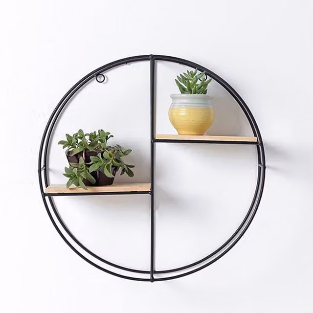 Livingandhome Industrial Wall Mounted Floating Pine Wood Shelf with Black Metal Frame, Width: 37.5 cm