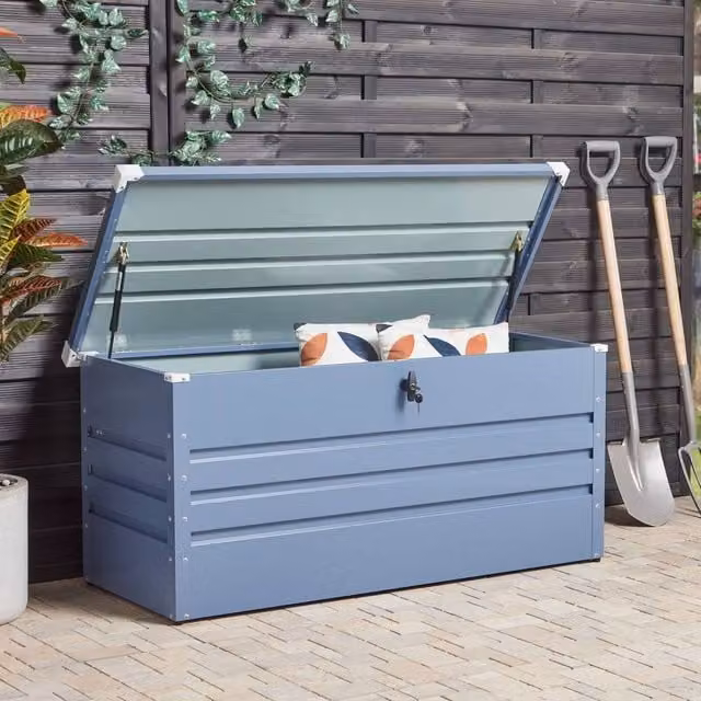 Wyld and Coco Blue 400L Galvanised Steel Outdoor Storage Box W/D/H: 132 x 62 x 64 cm