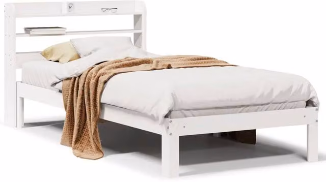 Berkfield Home White Pine Wood Bed Frame with Headboard and Side Compartments W/D/H: 200 x 90 x 82 cm