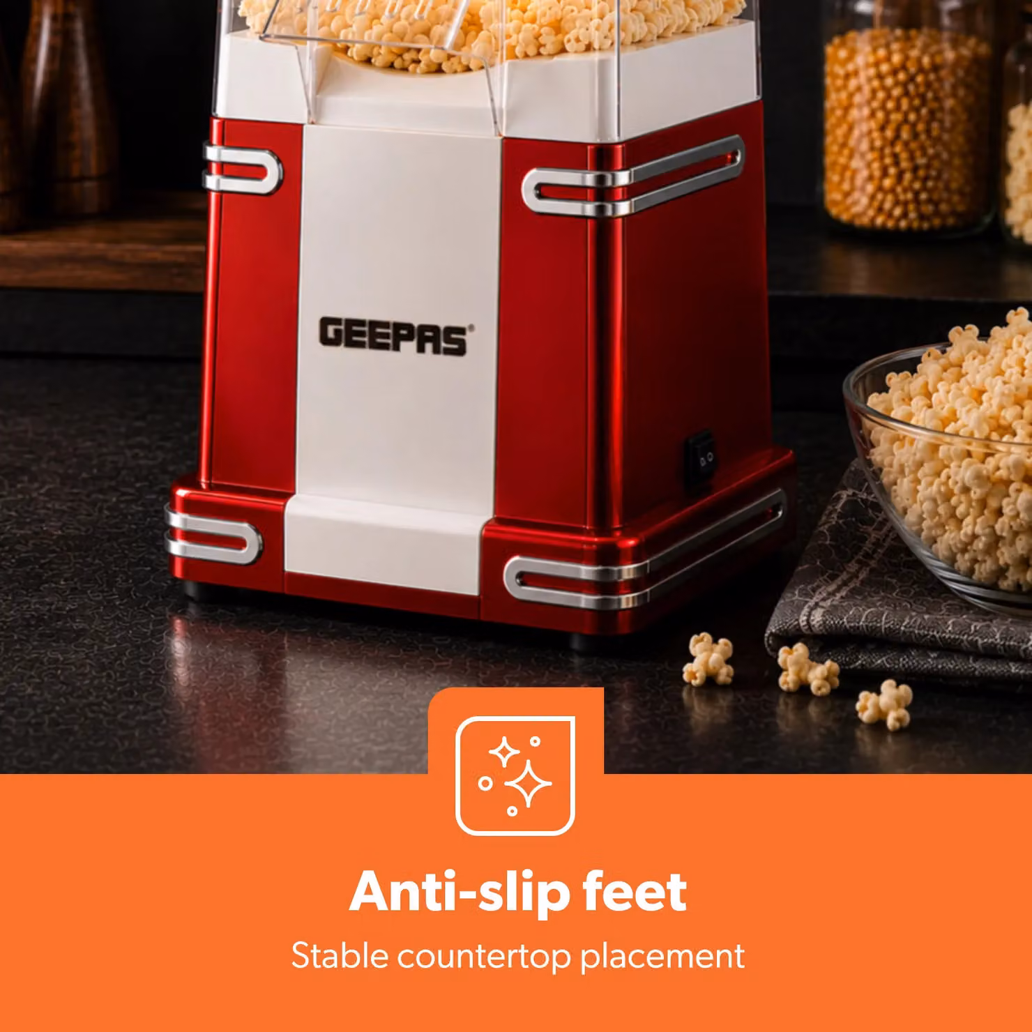 Geepas 1200W Retro Hot Air Fat-Free Popcorn Maker in Red – 4