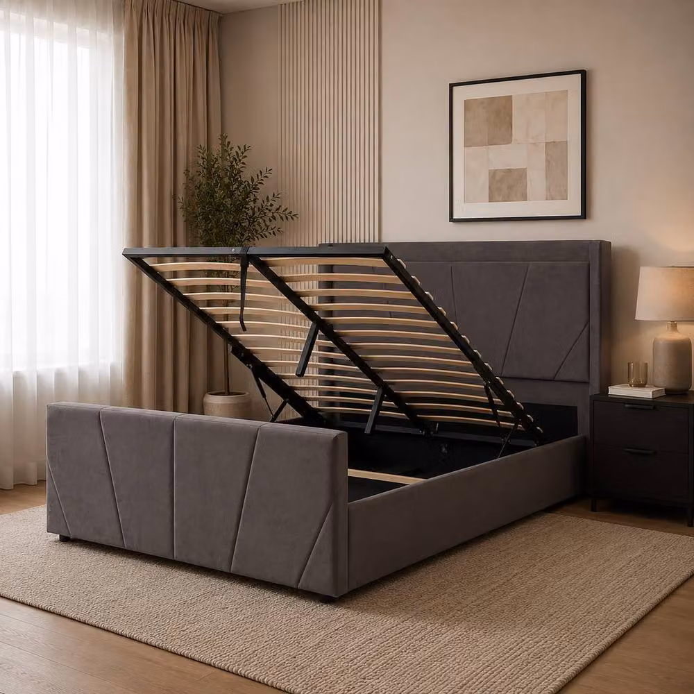 Harmin Luxury 4ft6 Double Ottoman Winged Bed in Dark Grey Plush Velvet with Lift Up Base, W/D/H: 140 x 200 x 126.5 cm – 5
