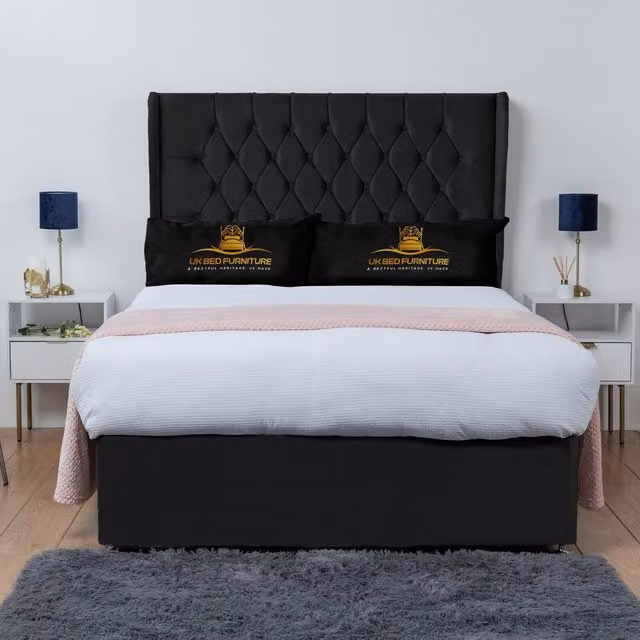 UK Bed Furniture Mary Winged Divan Bed Base with 54 Inch Buttoned Headboard in Black Velvet, W/D/H: 90 x 190 cm, Single Size
