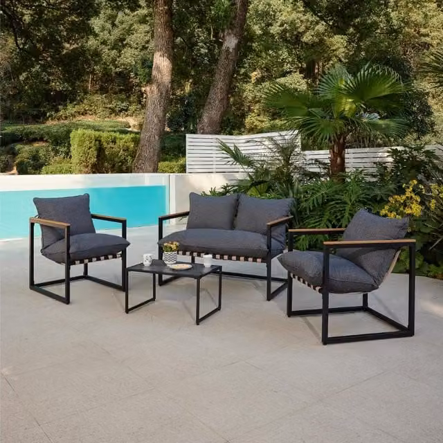 Home Detail Marbella Black Metal Garden Lounge Set with Grey Cushions – 1