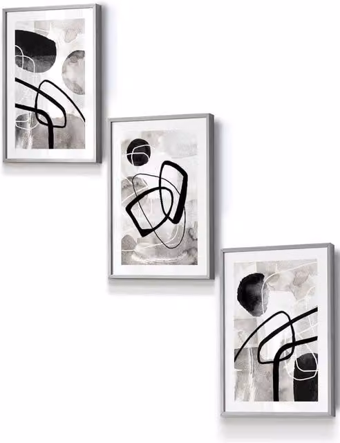 ARTZE Abstract Black Grey and White Watercolour Shapes Framed Boho Wall Art, W: 33 cm, H: 45 cm, D: 2 cm