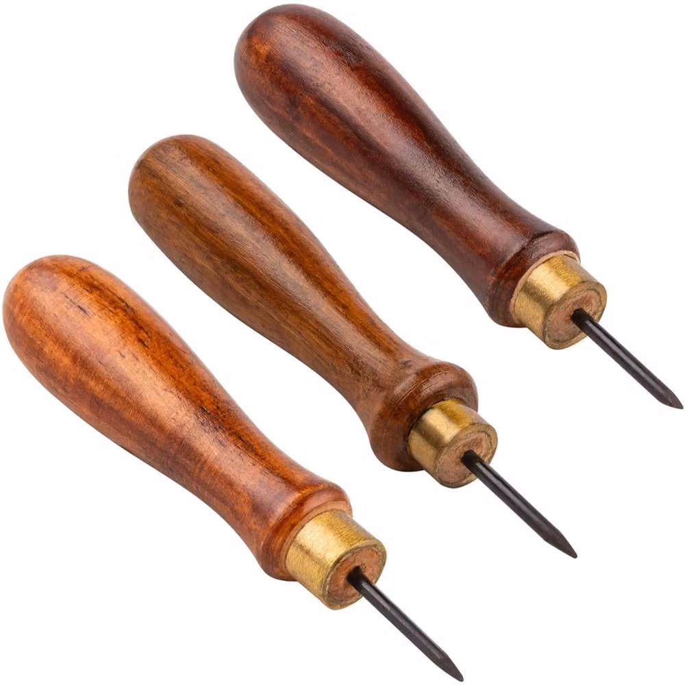 VOGREX 3-Piece Woodworking Awl and Bradawl Tool Set with Round and Square Point Chisels, Brown – 2