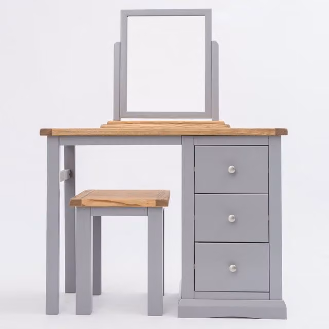 Cabinet Bits Rocca 3 Drawer Dressing Table Set in Grey Ash Wood with Chrome Knobs