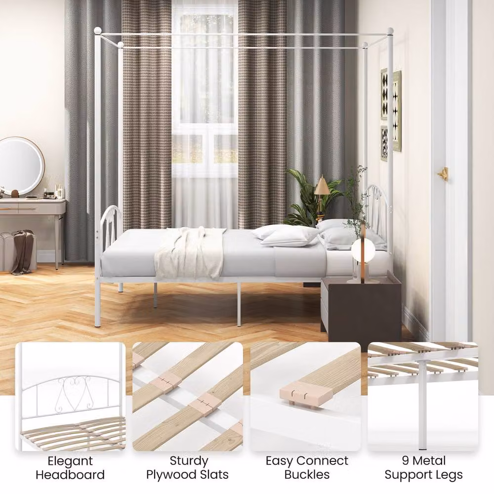 Costway Double Metal Canopy Bed Frame with Headboard and Footboard in White, W/D/H: 140 x 200 cm – 2