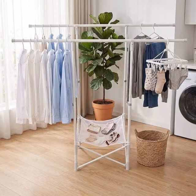 EONLION Double Bar Clothes Rail with Basket and Sturdy Metal Frame, White, W: 50 cm – 1