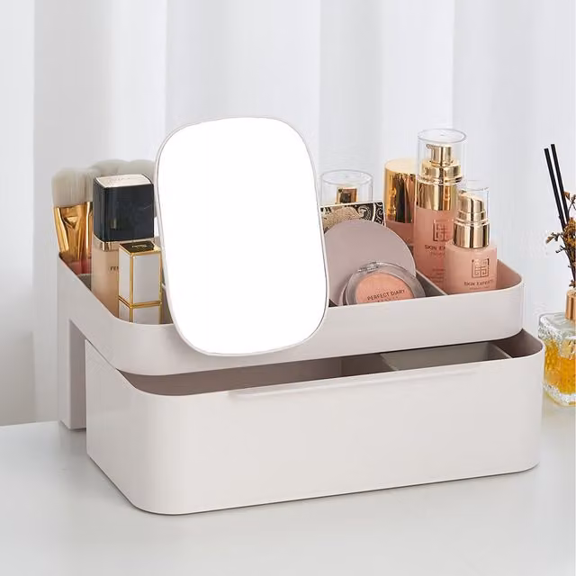 Livingandhome White Plastic Makeup Organiser with Mirror