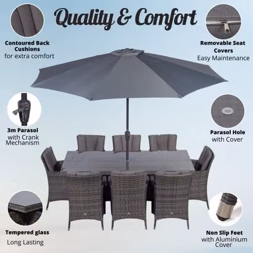 Giardino Savannah 8 Seater Rattan Garden Dining Set with Parasol and Cover, Grey and Brown, W: 200 cm, D: 100 cm