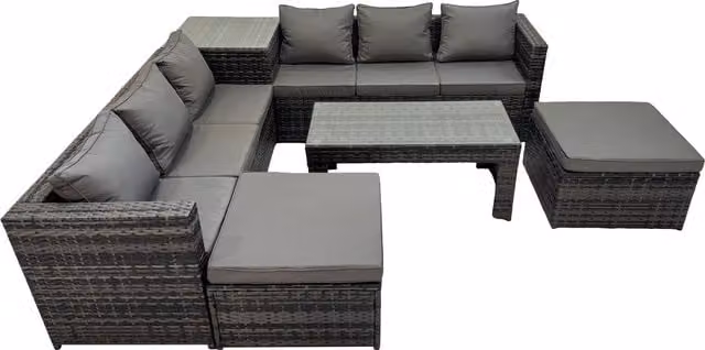 Fimous 8 Seater L-Shape Rattan Garden Furniture Set in Dark Grey with Upholstered Cushions, Ottoman and Coffee Table