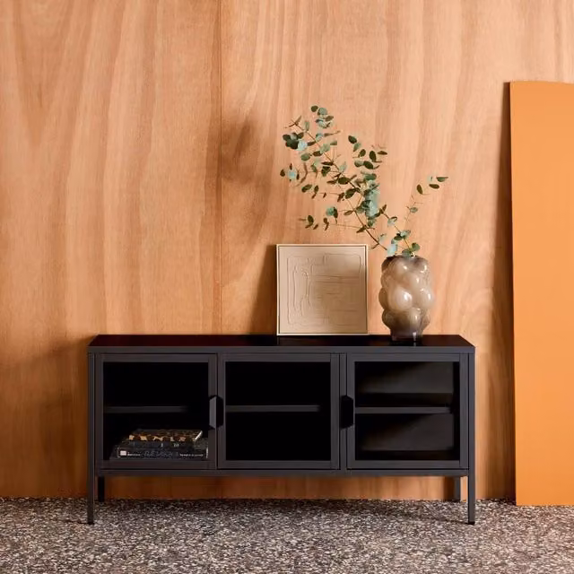 sweeek Industrial Metal and Tempered Glass TV Stand with 3 Doors, Black, W/D/H: 120 x 35 x 55 cm