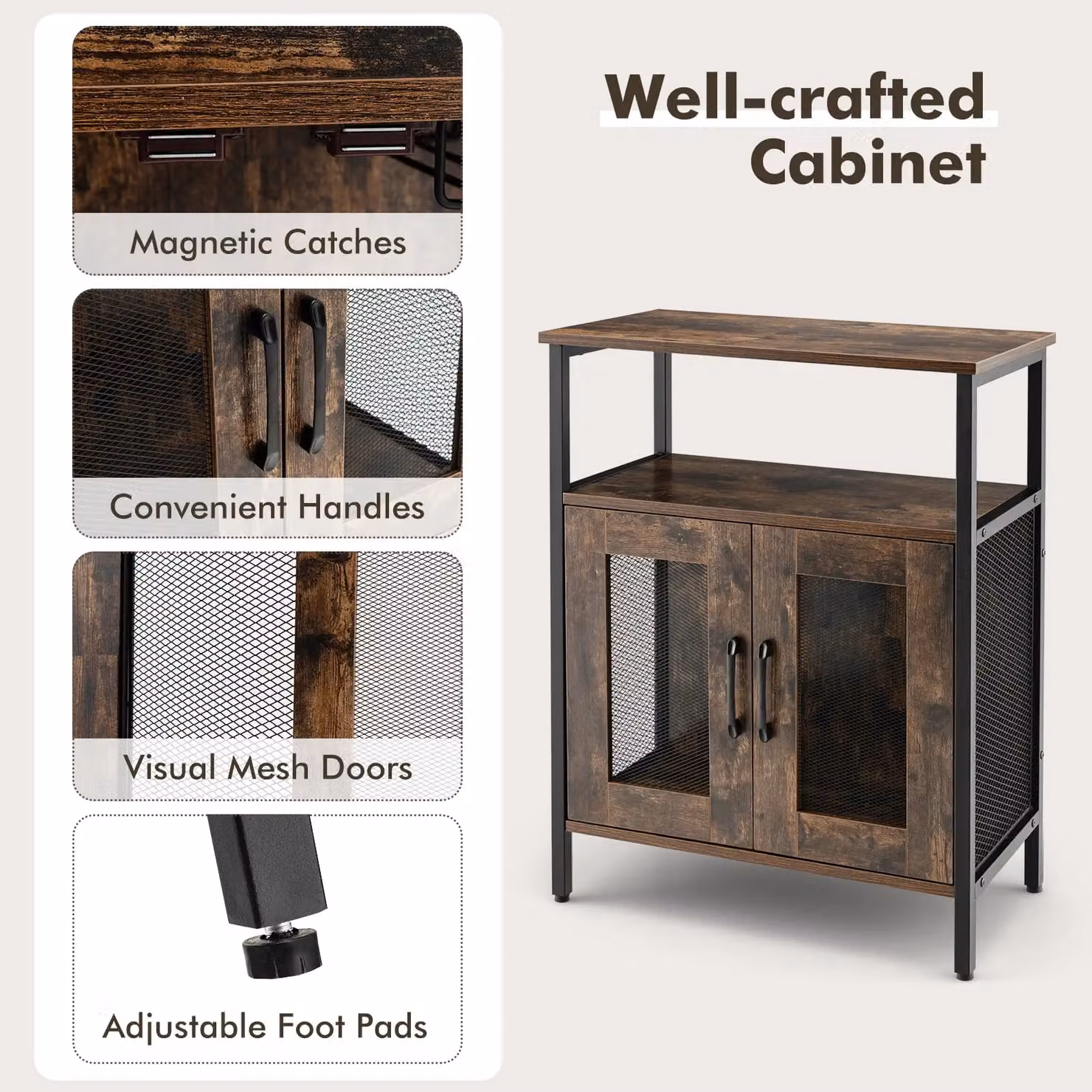 Costway Industrial Wine Bar Cabinet and Kitchen Storage Sideboard with Wine Rack and Glass Holders in Brown – 3