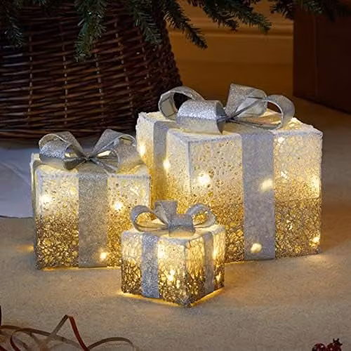 Smart Garden Gold Light Up Sparkly Faux Christmas Gift Box Decorations – 1