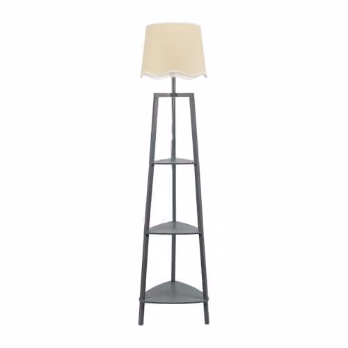 ValueLights Grey Wooden 3 Tier Shelf Floor Lamp with White Trim Scallop Shade and Included LED Bulb